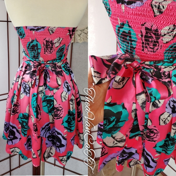 Vintage ♡BJ Strapless Rose Print 2 Pocket Sundress - Picture 3 of 6